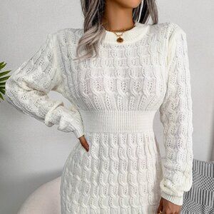 Cable-Knit Round Neck Mini Wrap Sweater Dress